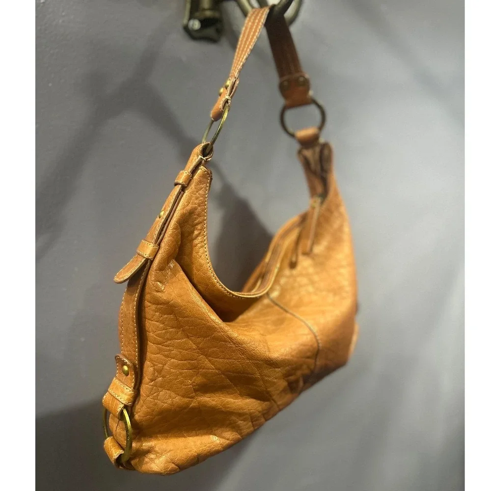 The Sak Pink Label Leather Hobo Shoulder Bag Tan Pebbled Slouchy Boho Y2K Vintag
